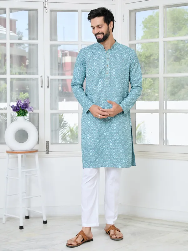 Men_Blue_Embroidered_Mandarin_Collar_Straight_Kurta_With_Pyjama