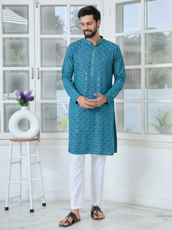 Men_Dark_Blue_Embroidered_Mandarin_Collar_Straight_Kurta_With_Pyjama