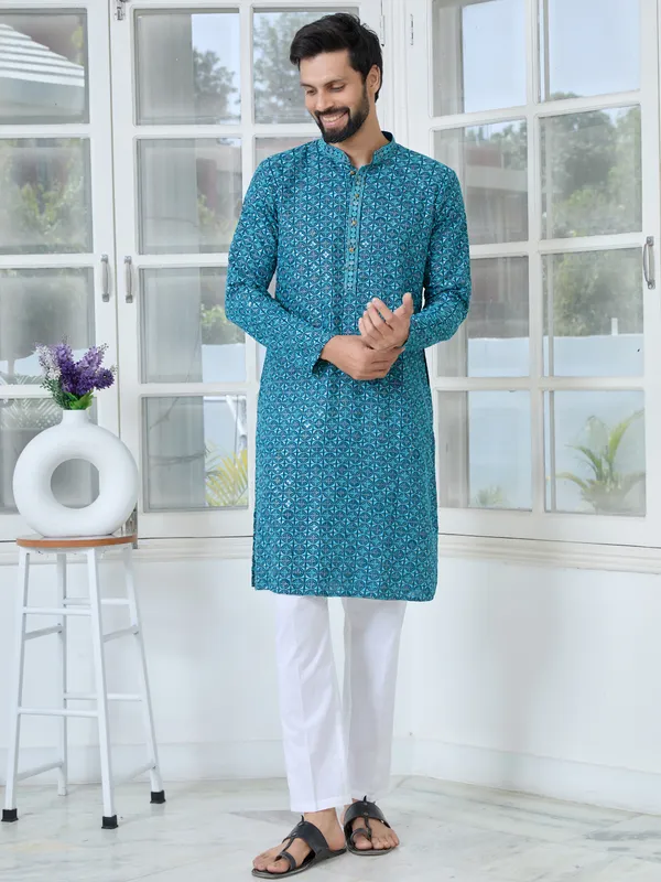 Men_Dark_Blue_Embroidered_Mandarin_Collar_Straight_Kurta_With_Pyjama