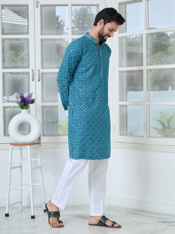 Men_Dark_Blue_Embroidered_Mandarin_Collar_Straight_Kurta_With_Pyjama
