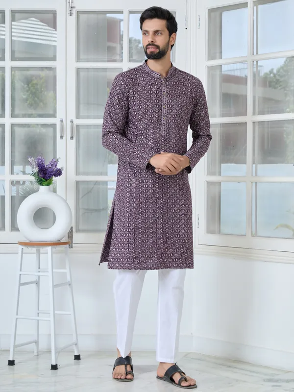 Men_Purple-Lavender_Embroidered_Mandarin_Collar_Straight_Kurta_With_Pyjama