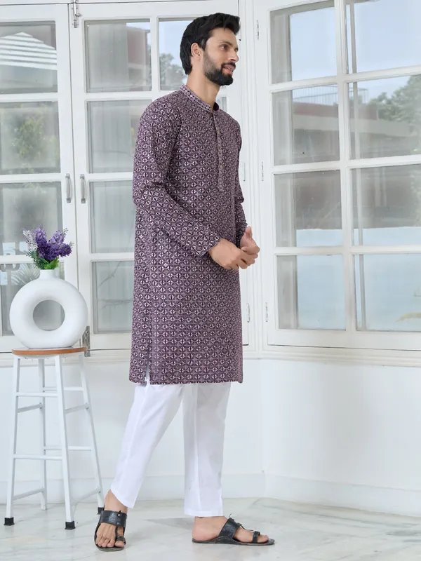 Men_Purple-Lavender_Embroidered_Mandarin_Collar_Straight_Kurta_With_Pyjama