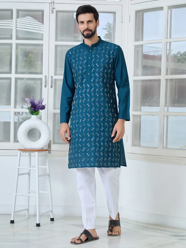Blue_Ethnic_Motifs_Embroidered_Sequinned_Mandarin_Collar_Straight_Kurta_With_Pyjama