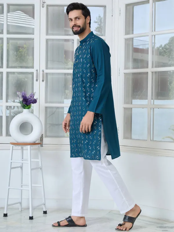 Blue_Ethnic_Motifs_Embroidered_Sequinned_Mandarin_Collar_Straight_Kurta_with_Pyjama_with_Pyjama