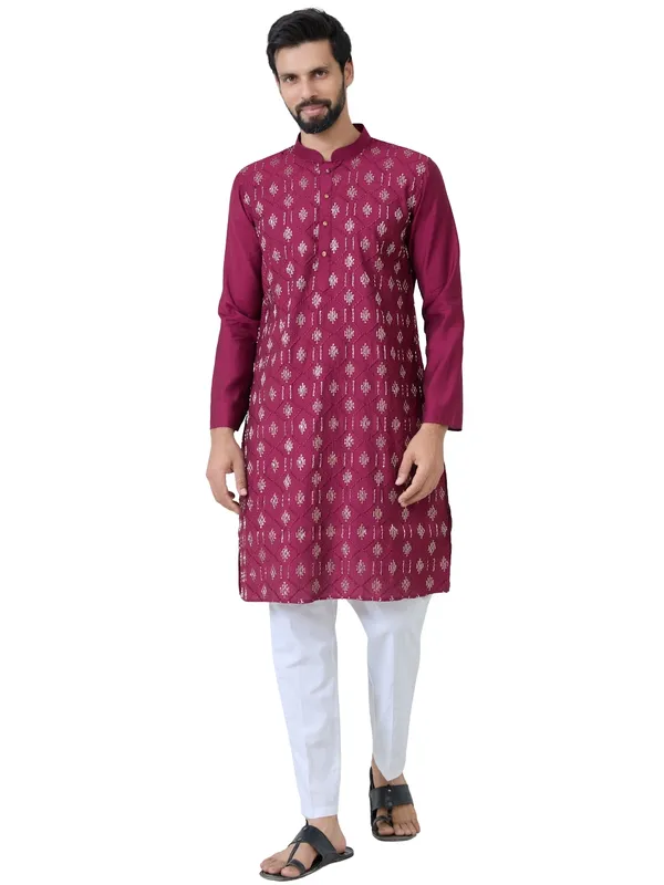 Maroon_Ethnic_Motifs_Embroidered_Sequinned_Mandarin_Collar_Straight_Kurta_with_Pyjama_with_Pyjama