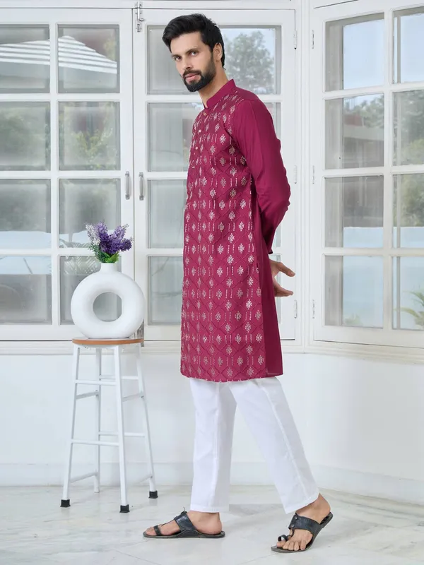 Maroon_Ethnic_Motifs_Embroidered_Sequinned_Mandarin_Collar_Straight_Kurta_with_Pyjama_with_Pyjama