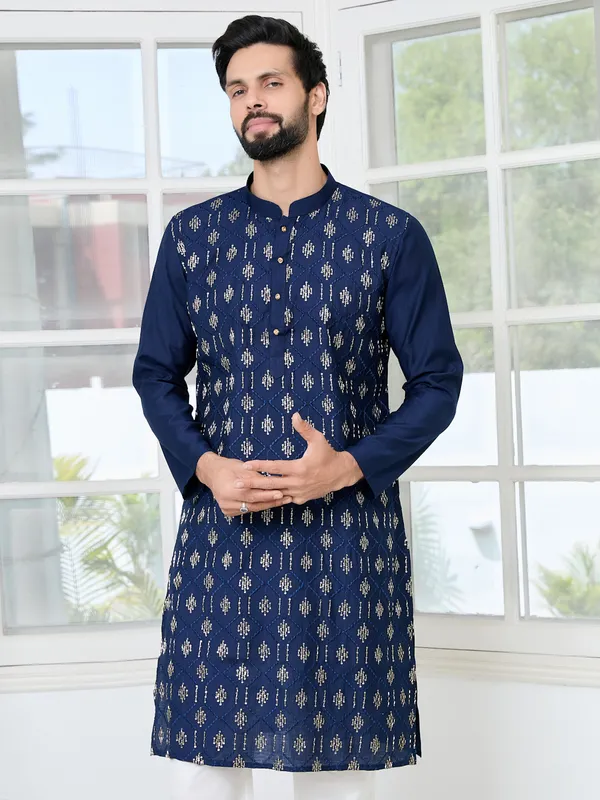 Blue_Ethnic_Motifs_Embroidered_Sequinned_Mandarin_Collar_Straight_Kurta_With_Pyjama
