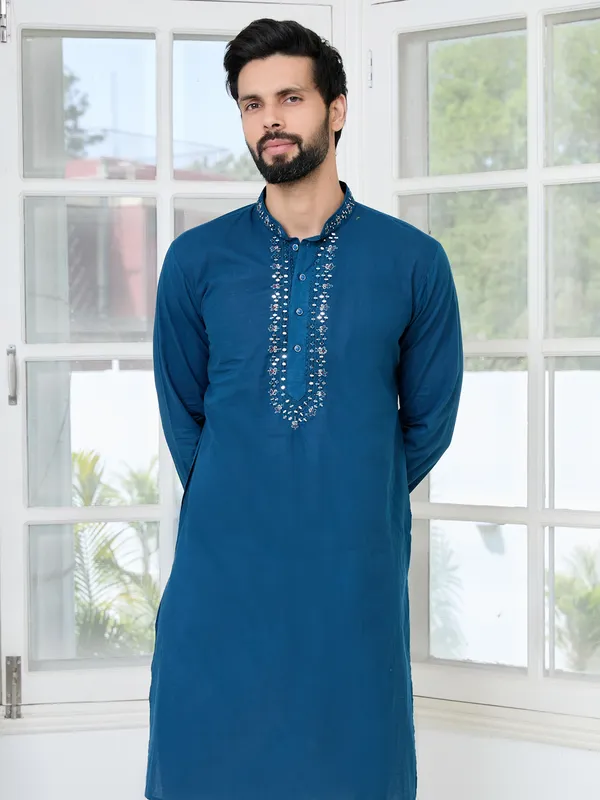 Blue_Mirror_Worked_Cotton_Straight_Kurta_With_Pyjama