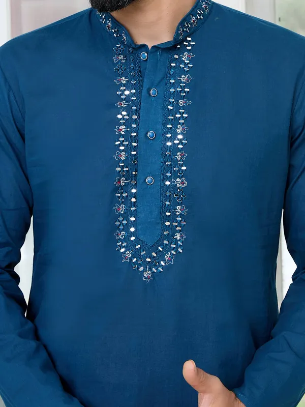 Blue_Mirror_Worked_Cotton_Straight_Kurta_with_Pyjama_with_Pyjama