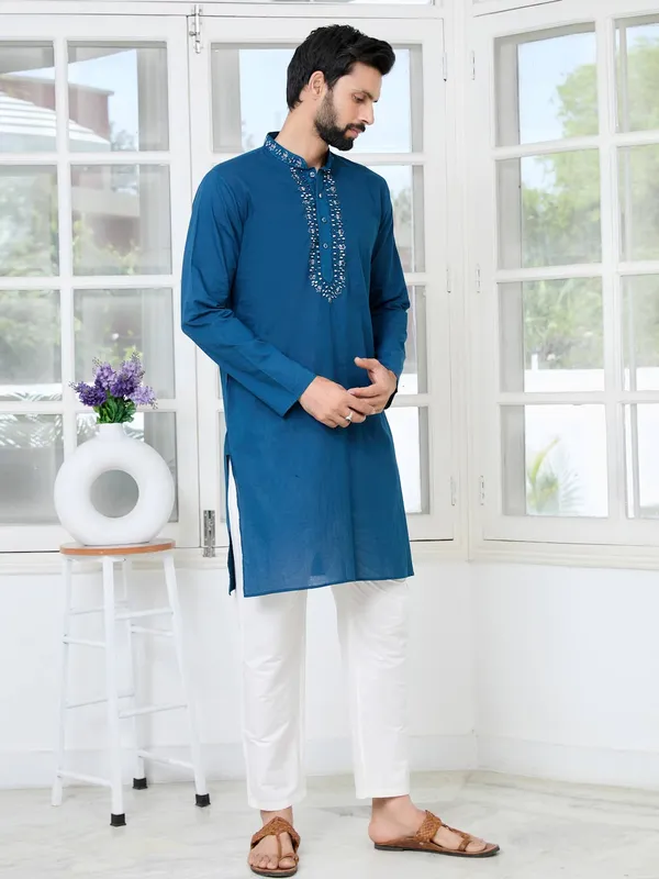 Blue_Mirror_Worked_Cotton_Straight_Kurta_with_Pyjama_with_Pyjama