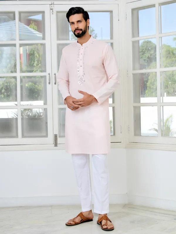 Light_Pink_Mirror_Worked_Cotton_Straight_Kurta_with_Pyjama_with_Pyjama