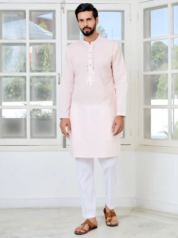 Light_Pink_Mirror_Worked_Cotton_Straight_Kurta_With_Pyjama