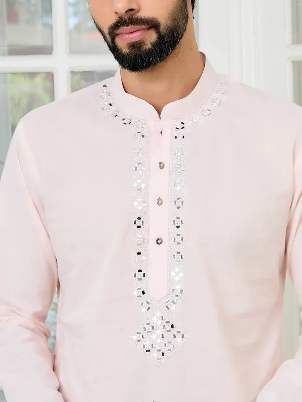 Light_Pink_Mirror_Worked_Cotton_Straight_Kurta_with_Pyjama_with_Pyjama