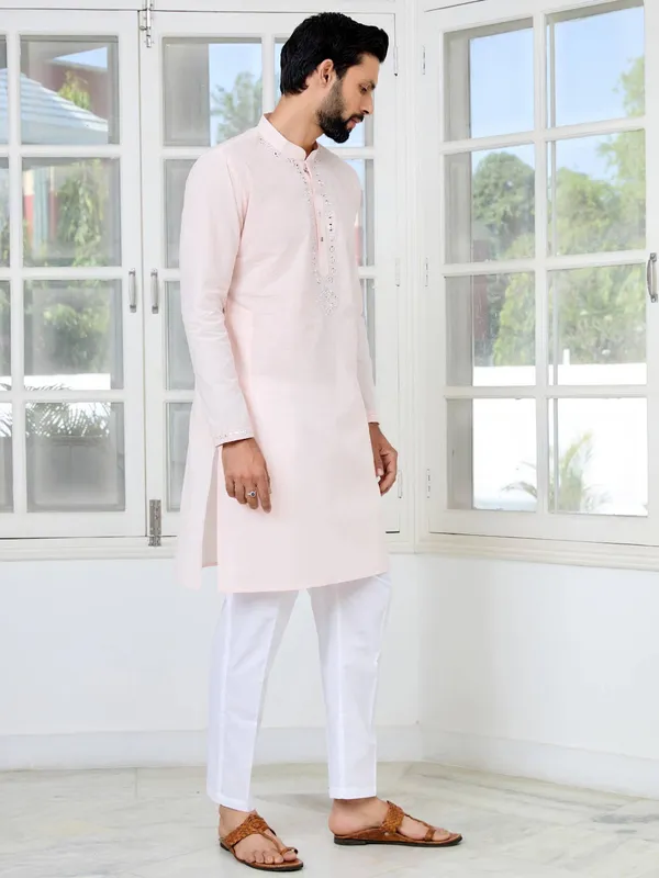 Light_Pink_Mirror_Worked_Cotton_Straight_Kurta_with_Pyjama_with_Pyjama