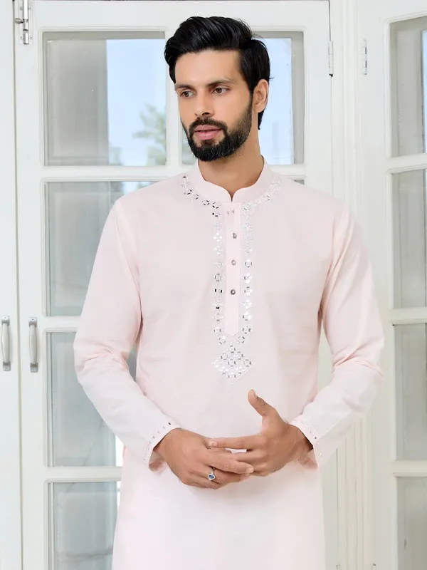 Light_Pink_Mirror_Worked_Cotton_Straight_Kurta_with_Pyjama_with_Pyjama