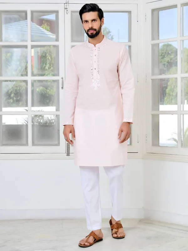 Light_Pink_Mirror_Worked_Cotton_Straight_Kurta