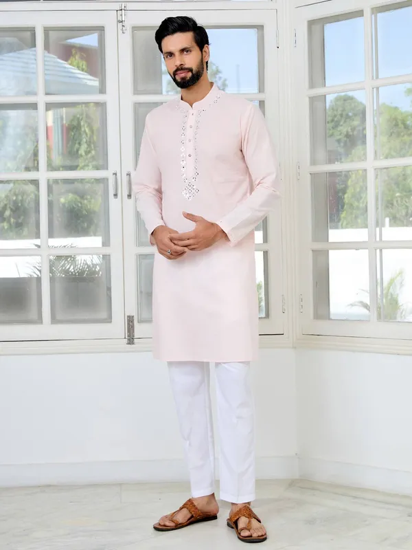 Light_Pink_Mirror_Worked_Cotton_Straight_Kurta
