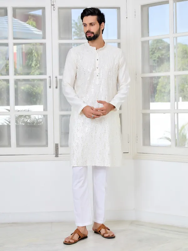 Cream_Sequins_Embroidered_Straight_Kurta_With_Pyjama