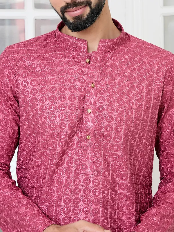 Red_Green_Thread_Embroidered_Straight_Kurta_With_Pyjama