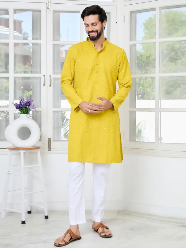 Yellow_Embroidered_Rayon_Straight_Kurta_With_Pyjama