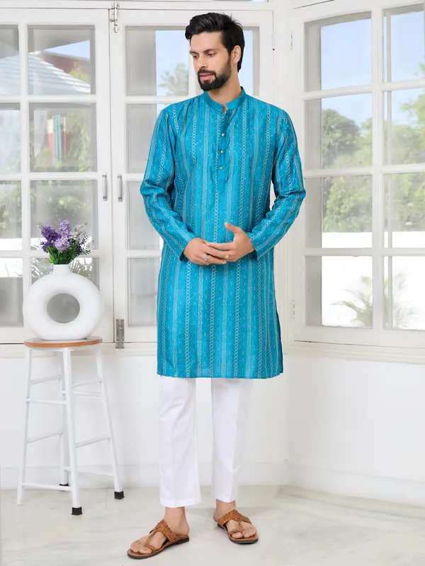 Blue_Embroidered_Chanderi_Silk_Straight_Kurta_With_Pyjama