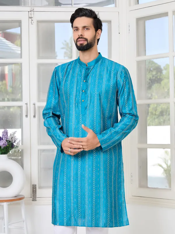 Blue_Embroidered_Chanderi_Silk_Straight_Kurta_With_Pyjama