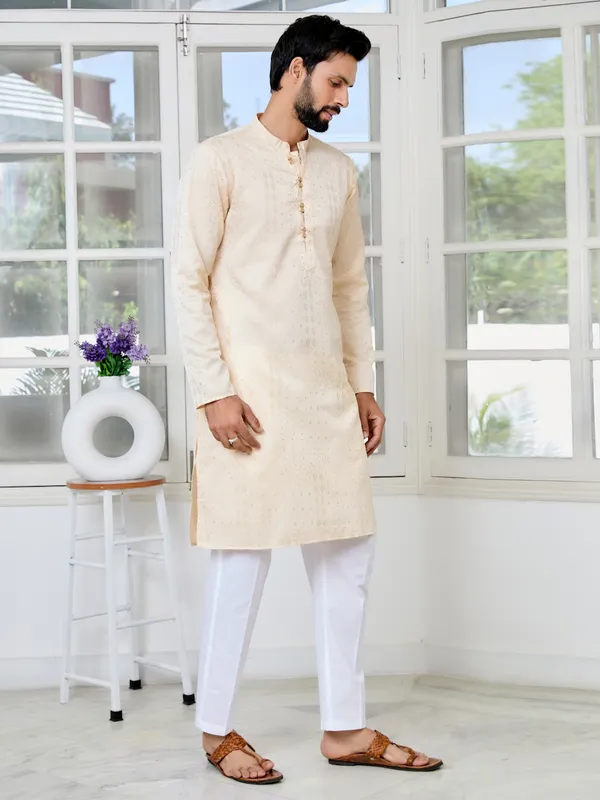 Beige_Embossed_Printed_and_Foil_Printed_Straight_Kurta_with_Pyjama_with_Pyjama