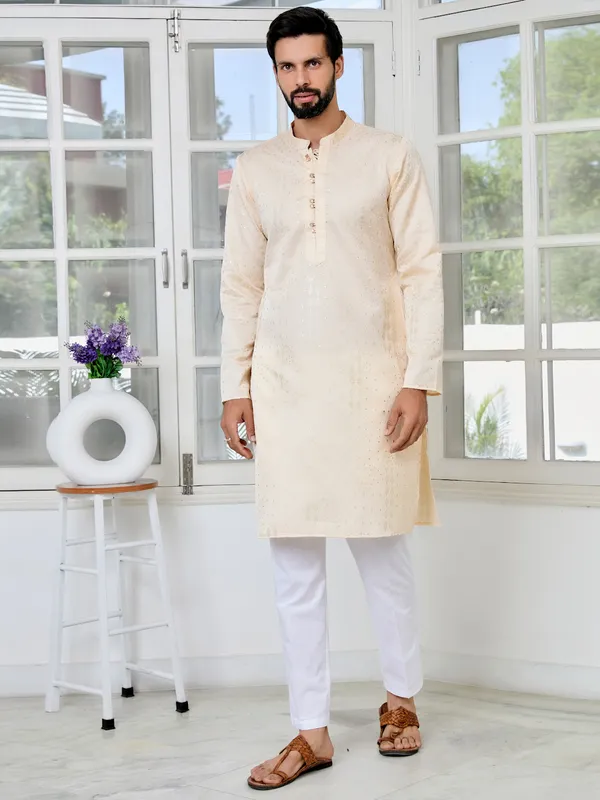 Beige_Embossed_Printed_And_Foil_Printed_Straight_Kurta_With_Pyjama