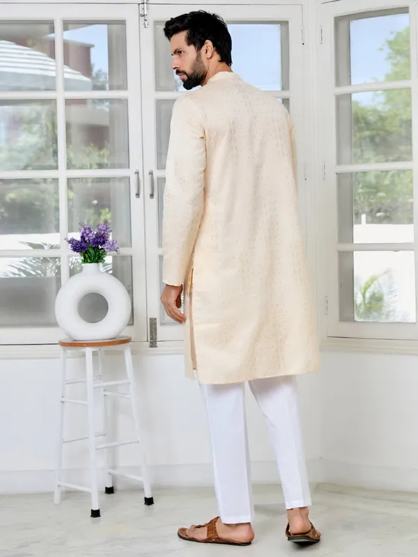 Beige_Embossed_Printed_and_Foil_Printed_Straight_Kurta_with_Pyjama_with_Pyjama