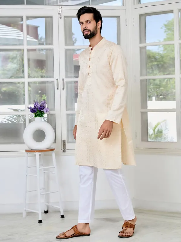 Beige_Embossed_Printed_and_Foil_Printed_Straight_Kurta_with_Pyjama_with_Pyjama