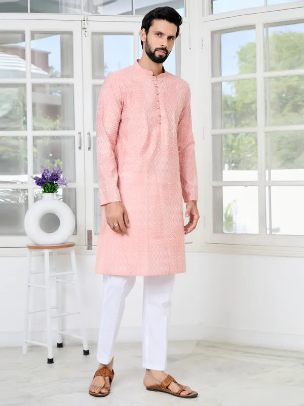 Peach_Embossed_Printed_and_Foil_Printed_Straight_Kurta_with_Pyjama_with_Pyjama