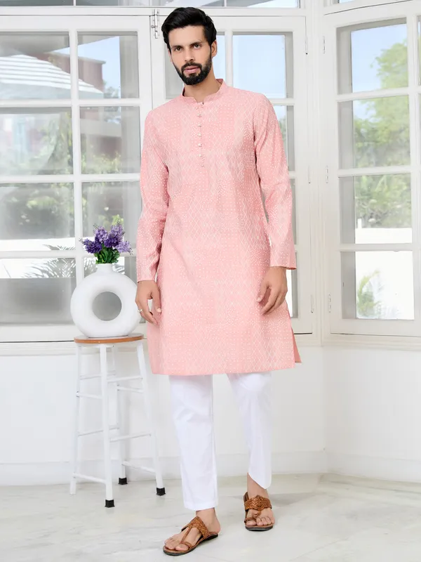 Peach_Embossed_Printed_And_Foil_Printed_Straight_Kurta_With_Pyjama