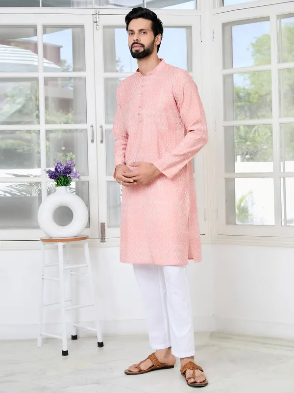 Peach_Embossed_Printed_and_Foil_Printed_Straight_Kurta_with_Pyjama_with_Pyjama