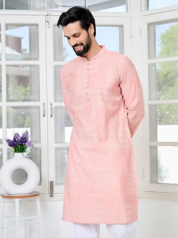 Peach_Embossed_Printed_and_Foil_Printed_Straight_Kurta_with_Pyjama_with_Pyjama