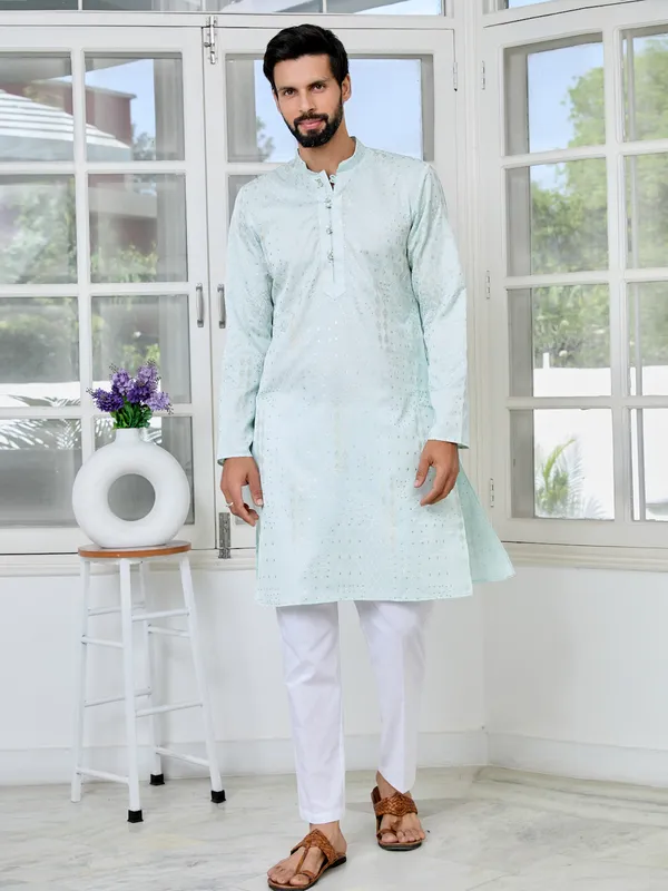 Sea_Green_Embossed_Printed_And_Foil_Printed_Straight_Kurta_With_Pyjama