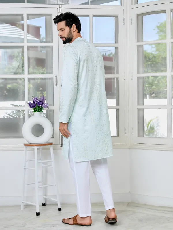 Sea_Green_Embossed_Printed_And_Foil_Printed_Straight_Kurta_With_Pyjama