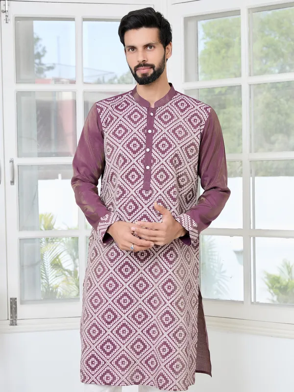 Mauve_Embossed_Printed_Straight_Kurta_With_Pyjama