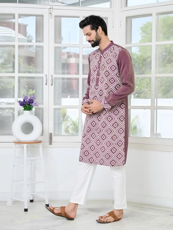 Mauve_Embossed_Printed_Straight_Kurta_With_Pyjama