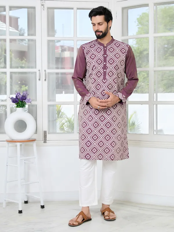 Mauve_Embossed_Printed_Straight_Kurta_With_Pyjama