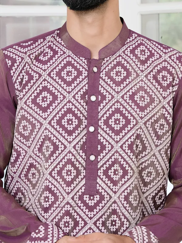 Mauve_Embossed_Printed_Straight_Kurta_with_Pyjama_with_Pyjama