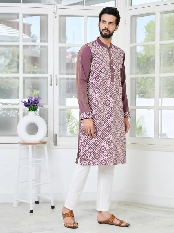 Mauve_Embossed_Printed_Straight_Kurta_with_Pyjama_with_Pyjama