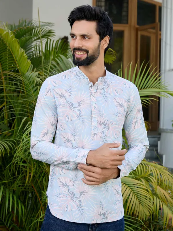 Blue-Pink_Tropical_Printed_Rayon_Short_Kurta