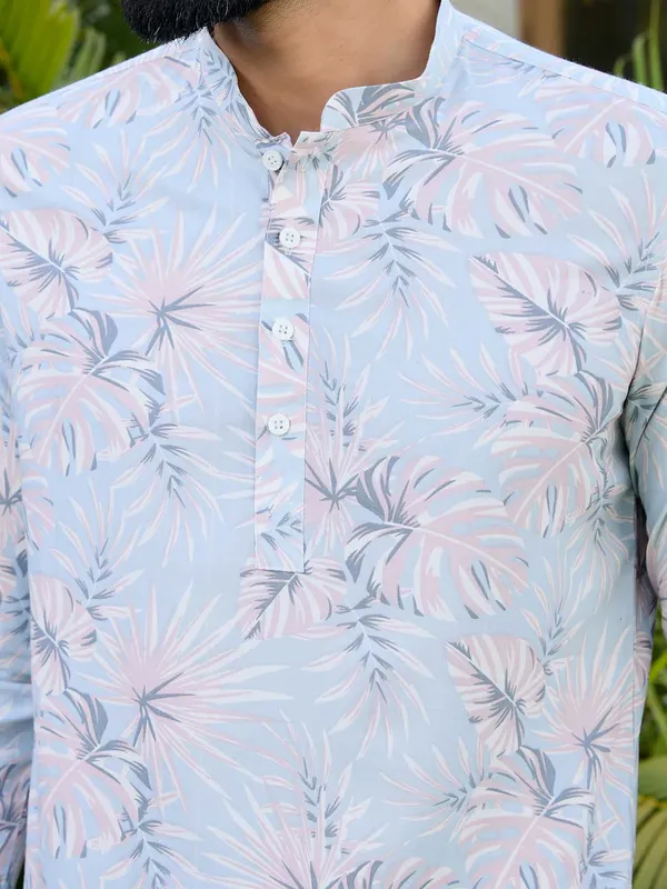 Blue-Pink_Tropical_Printed_Rayon_Short_Kurta