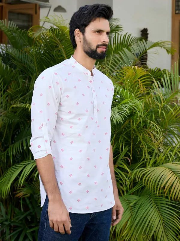 White_Woven_Cotton_Short_Kurta