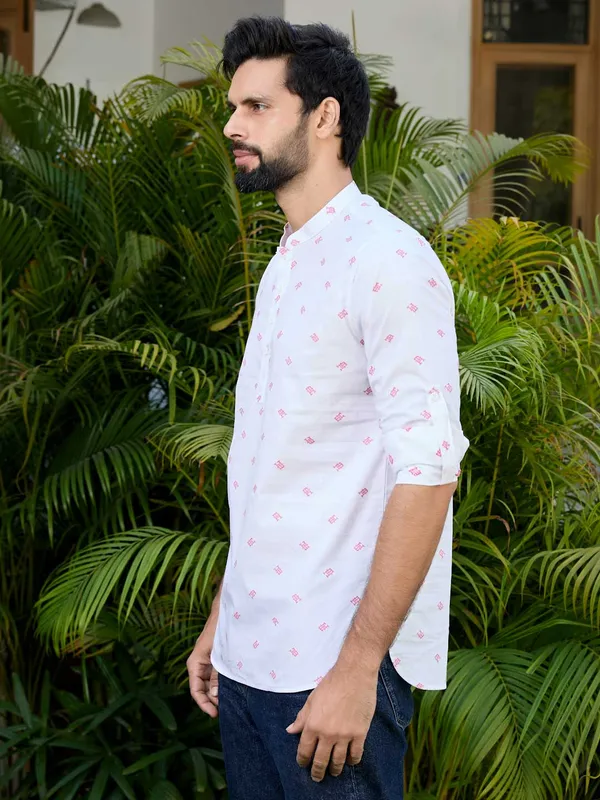 White_Woven_Cotton_Short_Kurta