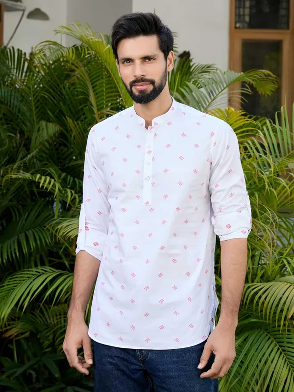 White_Woven_Cotton_Short_Kurta