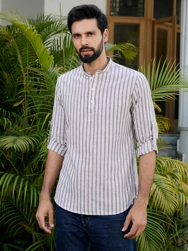 Brown_Woven_Striped_Cotton_Short_Kurta