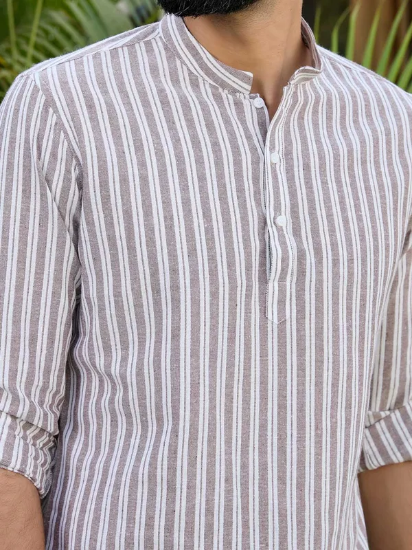 Brown_Woven_Striped_Cotton_Short_Kurta