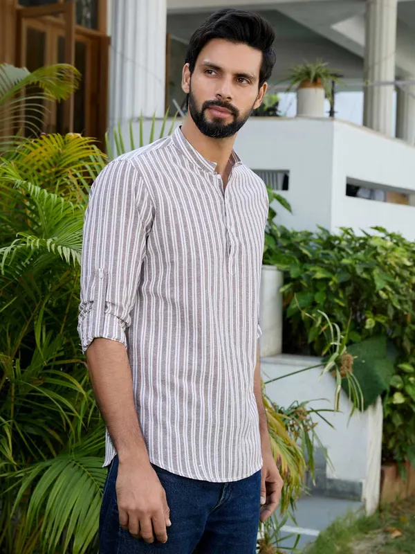 Brown_Woven_Striped_Cotton_Short_Kurta