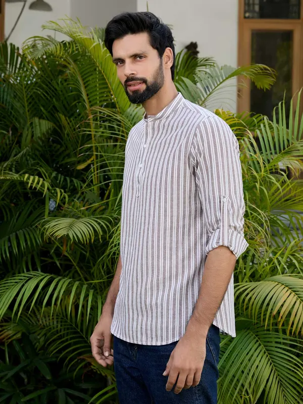 Brown_Woven_Striped_Cotton_Short_Kurta